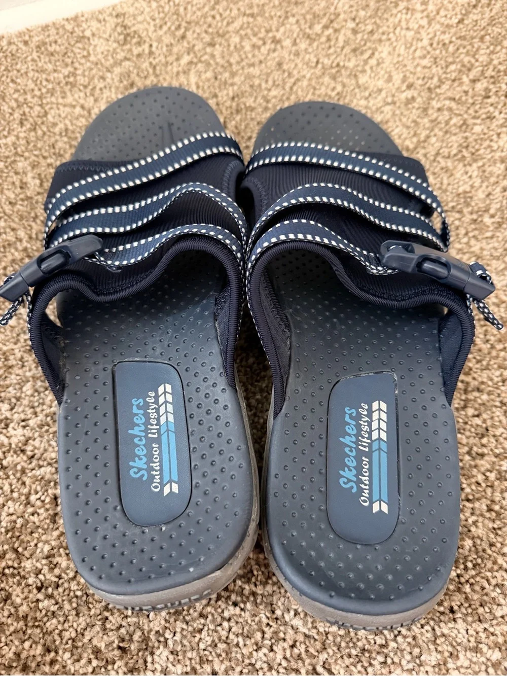 Skechers Navy and White Cross-Strap Slide Sandals